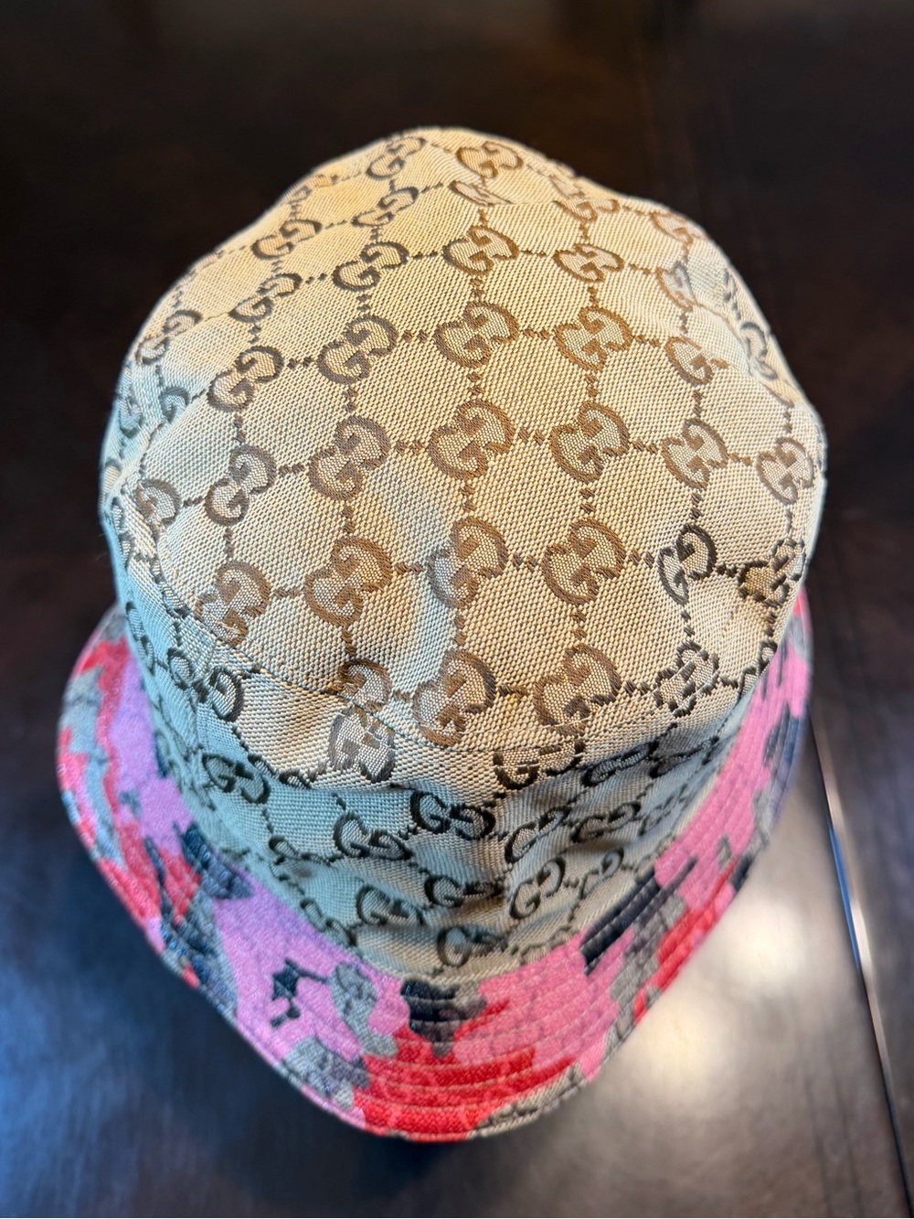 New Authentic Gucci GG Supreme Logo Pink Camo Bucket Hat Tan Size XL - Picture 5 of 16